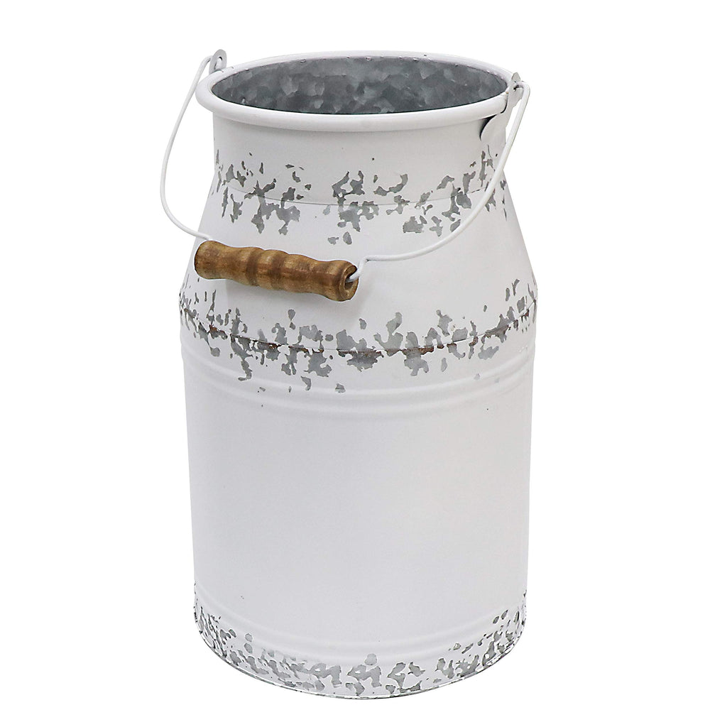 Metal Big Cow Galvanized Milk Can with Wooden Handle, Rustic White Farmhouse Vase Planter, Primitive Decorative
