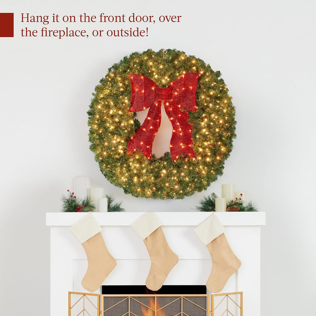 24in Large Artificial Pre-Lit Fir Christmas Wreath Holiday Accent Decoration for Door, Mantel w/Red Lighted Bow, 70