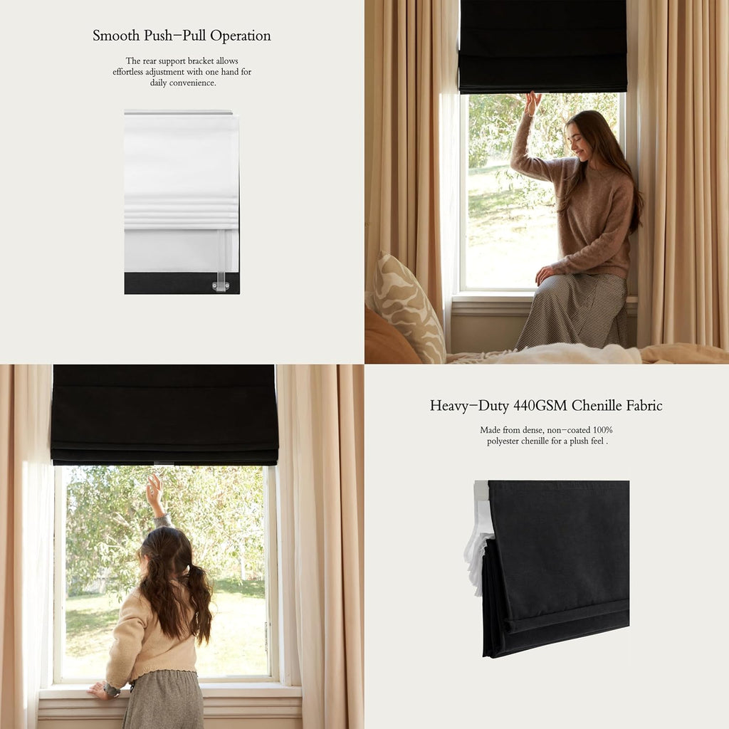 Blackout Roman Shades Cordless for Windows,34x64 Inch Mottled Black | White Backing, Pull Down Blinds, Heavy 430GSM