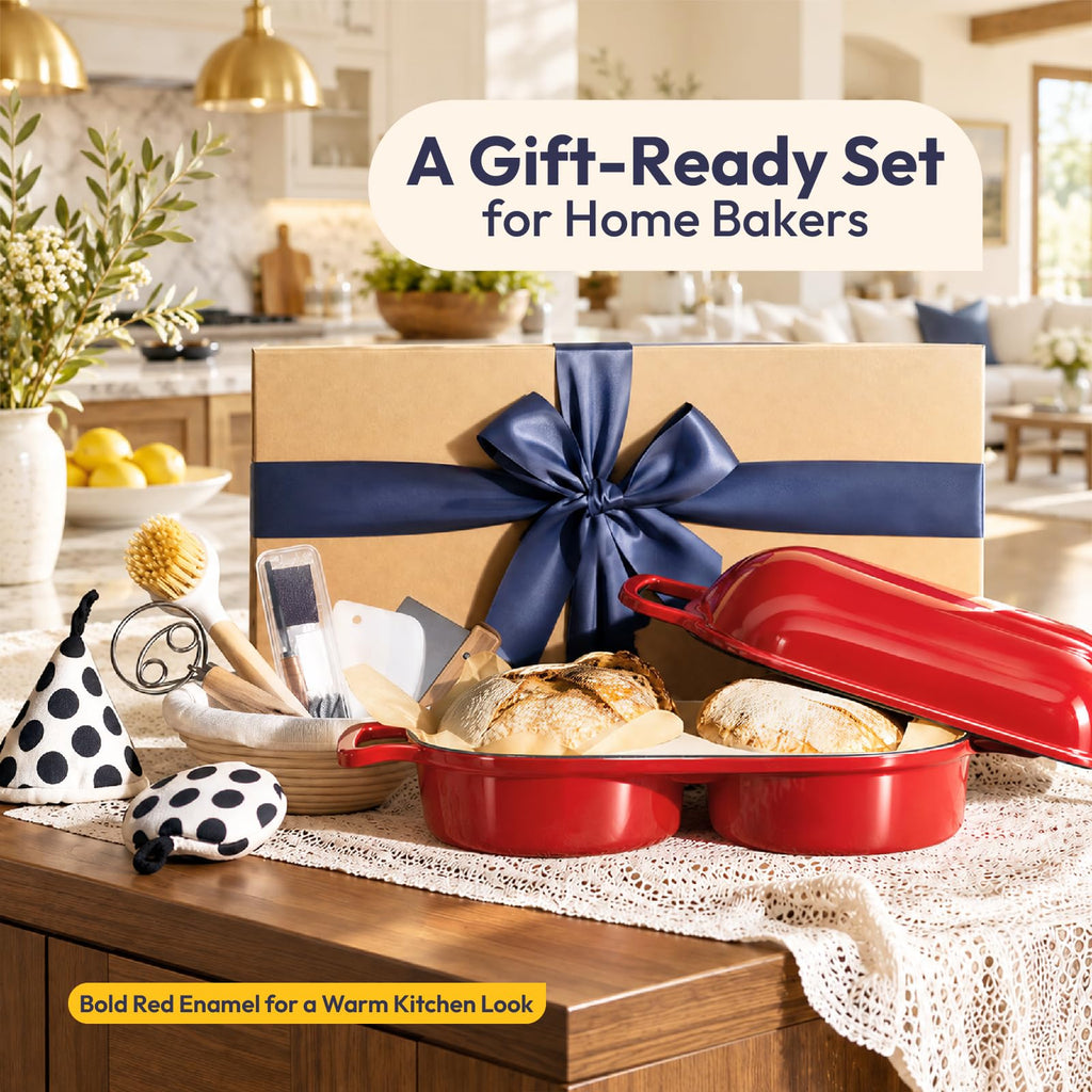 Double Dutch Oven for Sourdough Bread Baking, 2QT Enameled Cast Iron Double Loaf Pan with Lid, Oven Safe up to 500°F