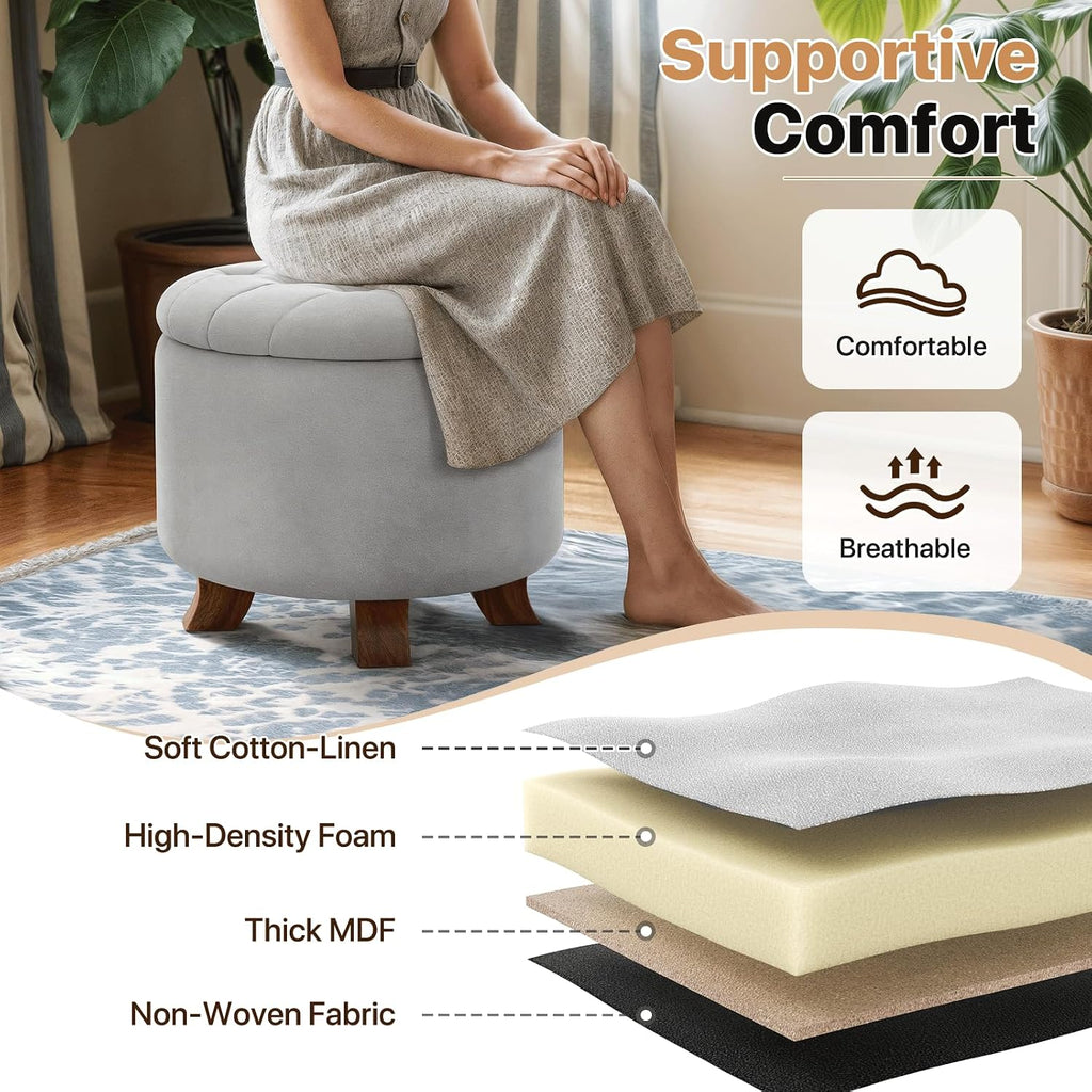 Round Storage Ottoman, 20 Dia. x 17 H Inches, Light Gray | Linen Fabric Tufted Upholstered Ottoman with Legs &