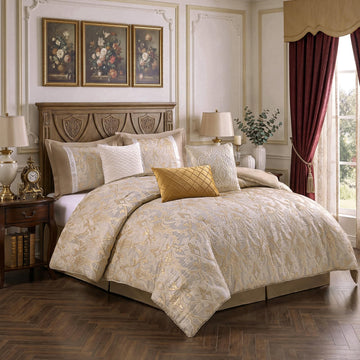 Beige Gold Comforter Set, Luxury 7PC Jacquard Bedding