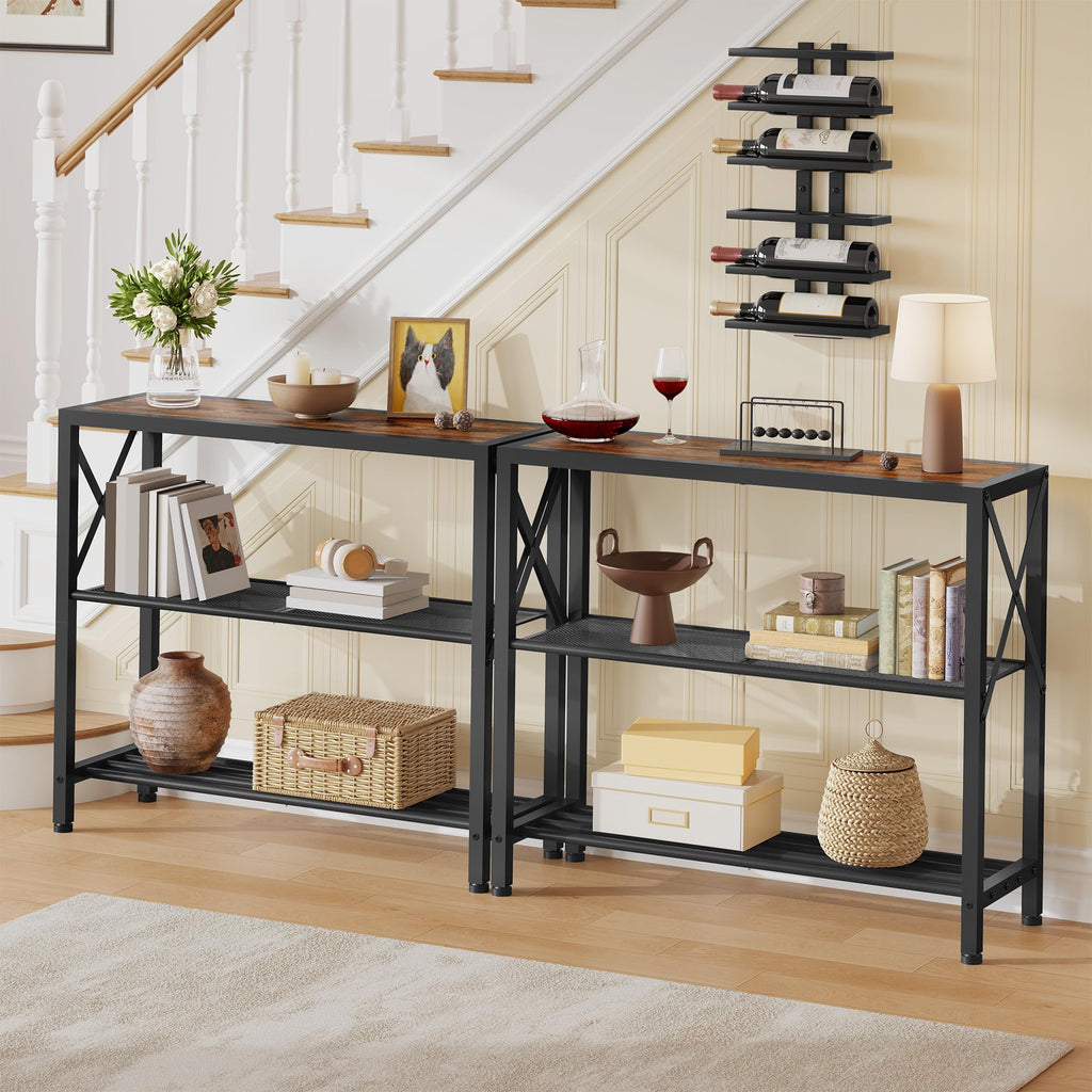 Set of 2 Industrial Console Table, 3 Tier Entryway Table, Metal Frame, Sofa Table with Shelf, Hallway Table, Entrance