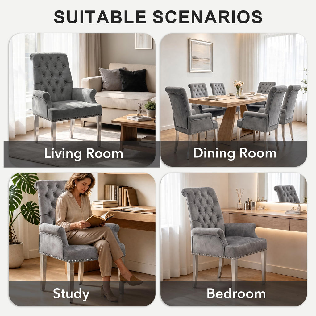 Velvet Dining Chairs with Arms, Upholstered Dining Room Chairs, Grey