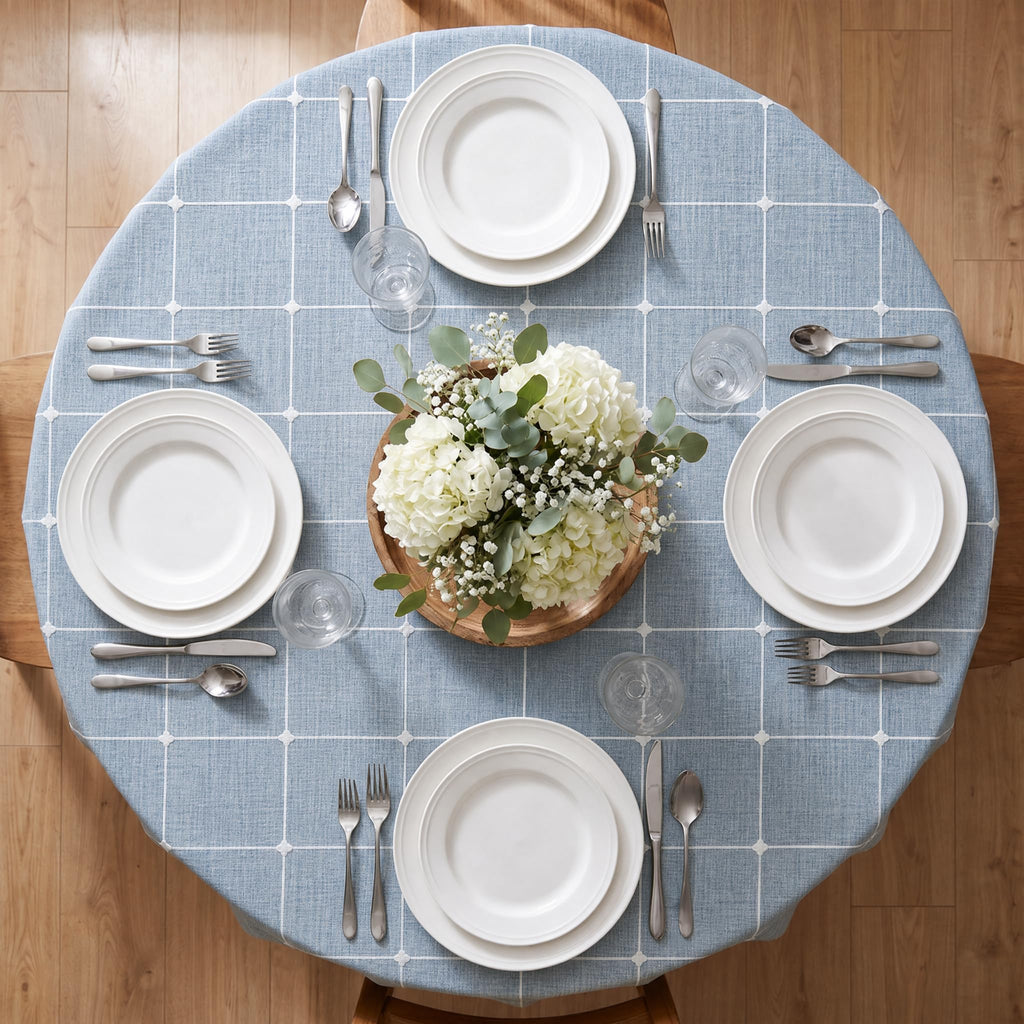 Farmhouse Plaid Tablecloth, Blue, 70×70 Inch Round