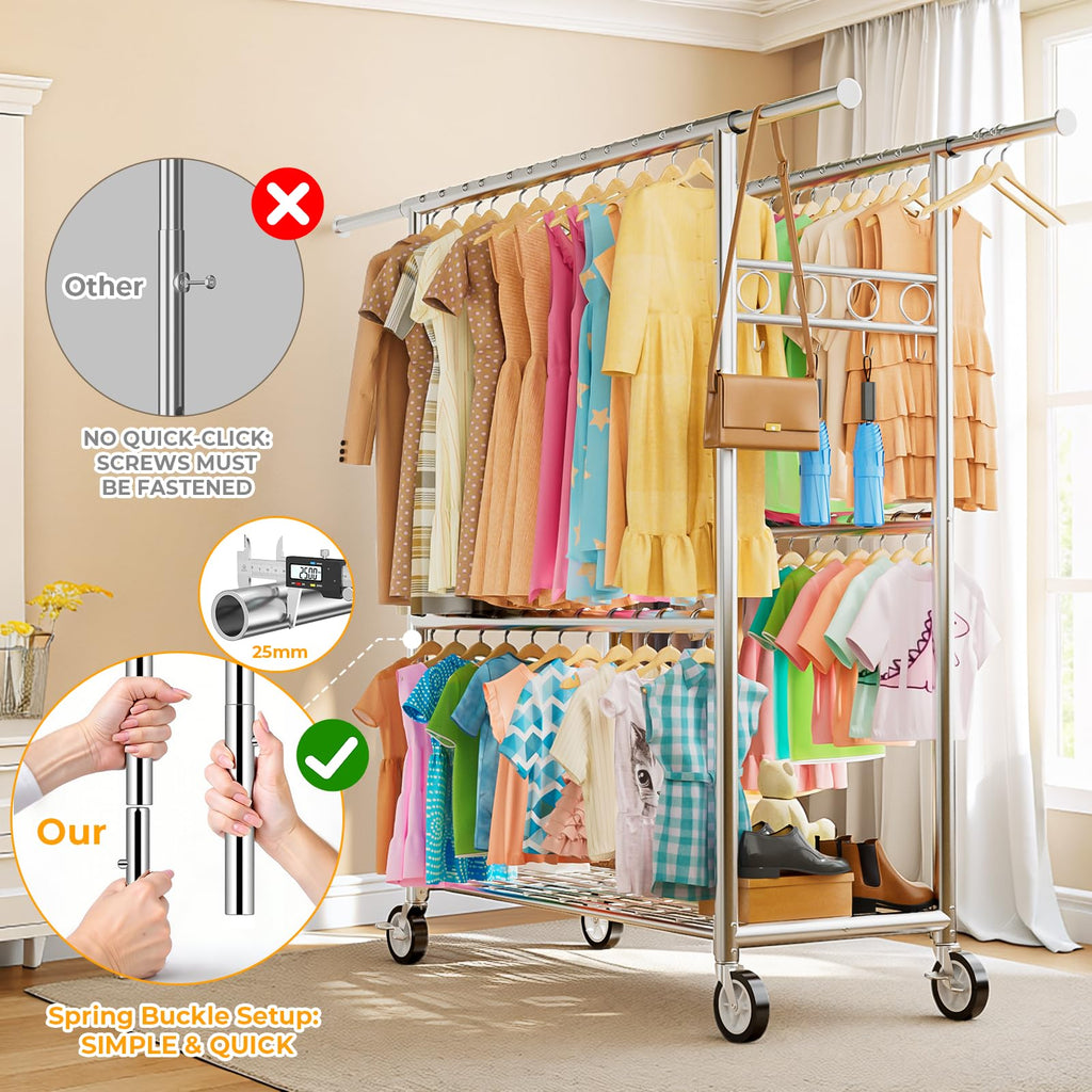 Heavy Duty Clothes Rack Load 1060LBS, Four Rods Rolling Clothing Racks for Hanging Clothes, Rolling Garment Rack With