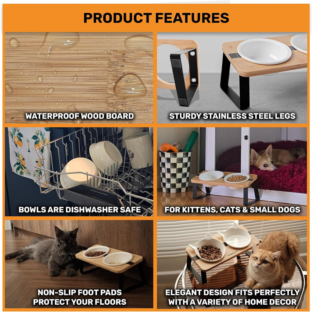 Elevated Cat Bowl Stand for Food and Water - Anti-Vomit Raised Feeding Station with Tilted Stand - Removable Round
