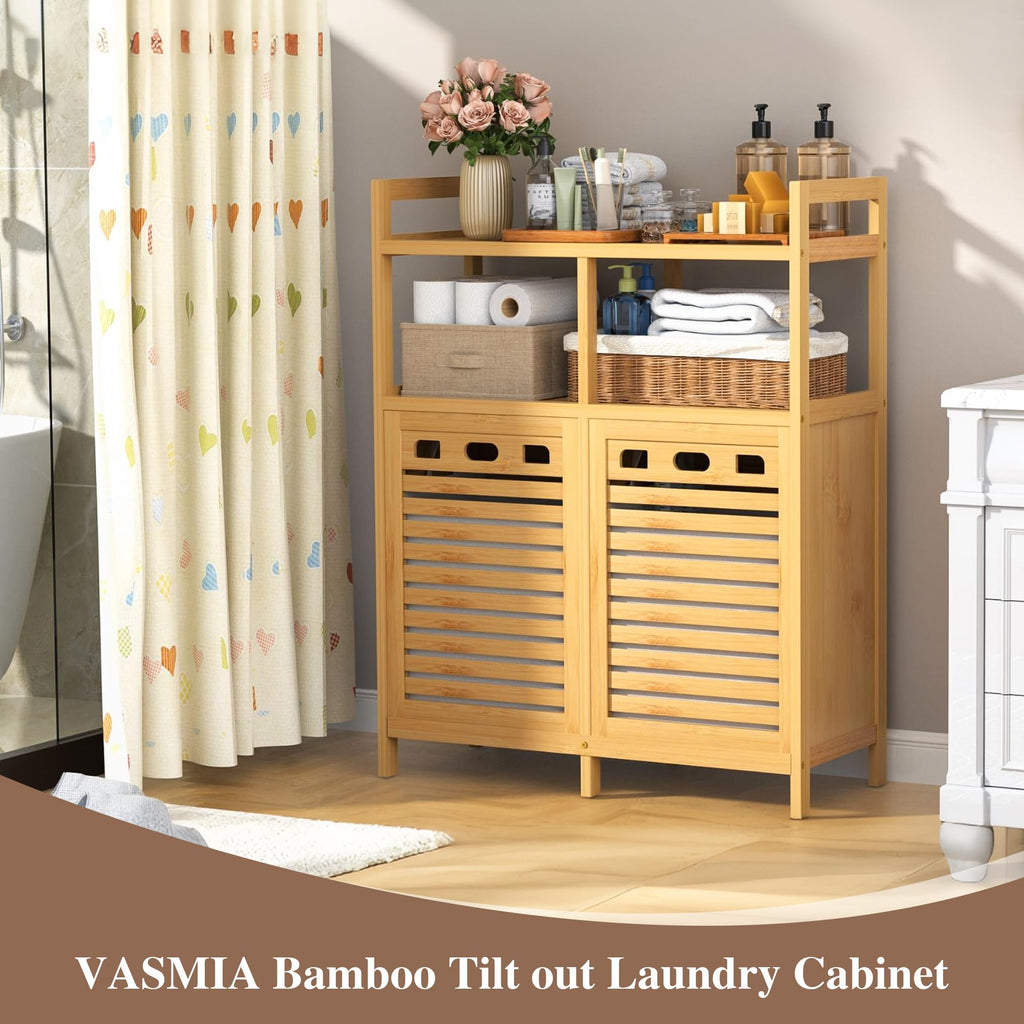 Tilt Out Laundry Hamper Cabinet, Bamboo Double Laundry Hamper with 2 Removable Laundry Baskets, 20 Gal Laundry Sorter