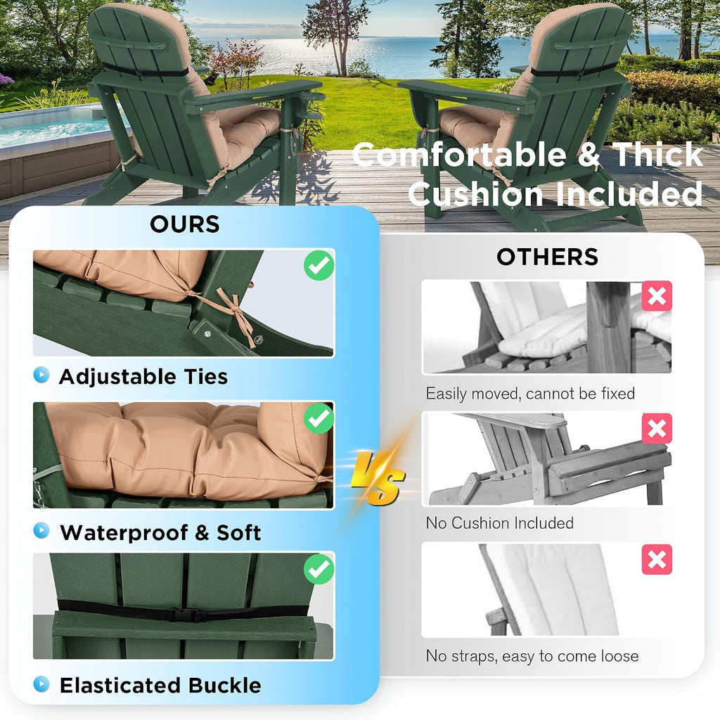 Folding Adirondack Chairs Set of 2 with Cushion with Cup Holder, HDPE Plastic Oversized Patio Chair Weather
