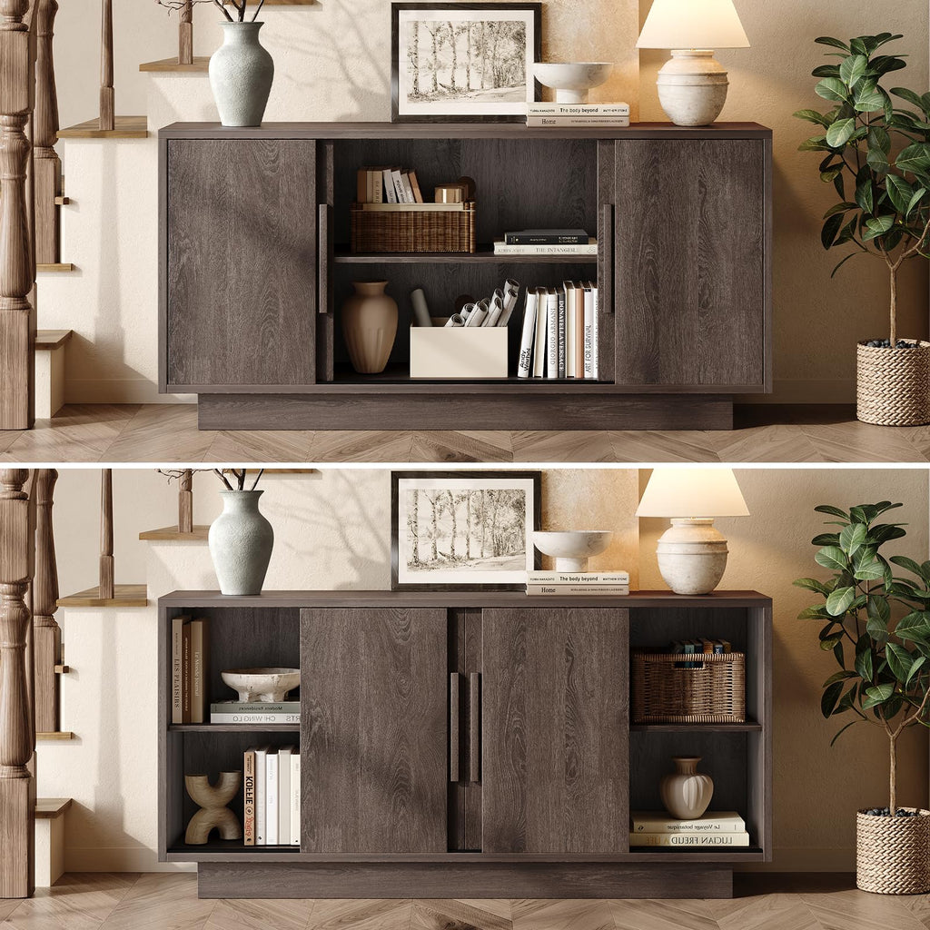 63'' Sideboard Buffet Cabinet with 4 Sliding Doors, Wood Credenza Storage Cabinet with Pedestal Base, Large Side