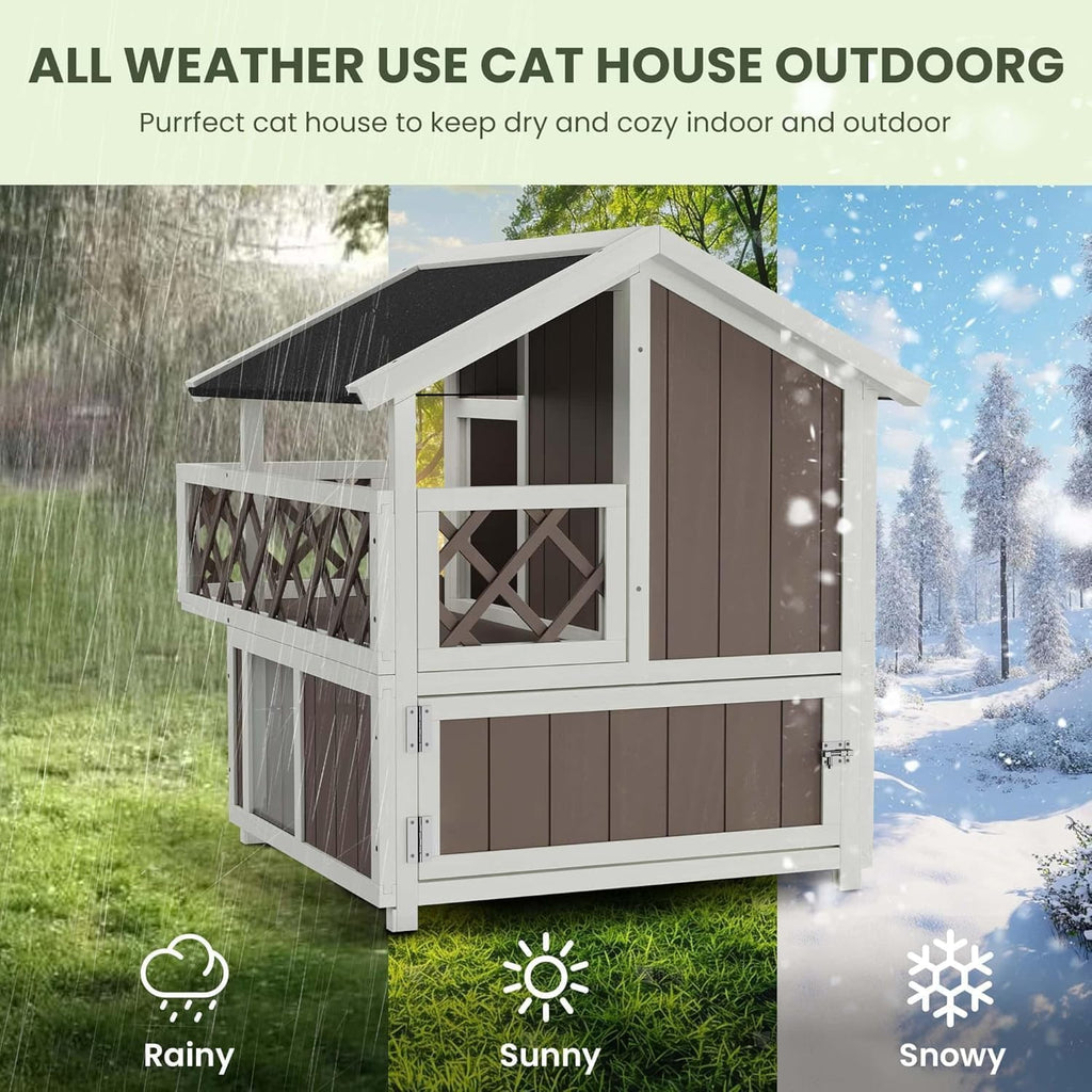 Weatherproof 2-Story Outdoor Cat House with Balcony - Multi-Level Wooden Condo - Escape Door - Removable Asphalt Roof