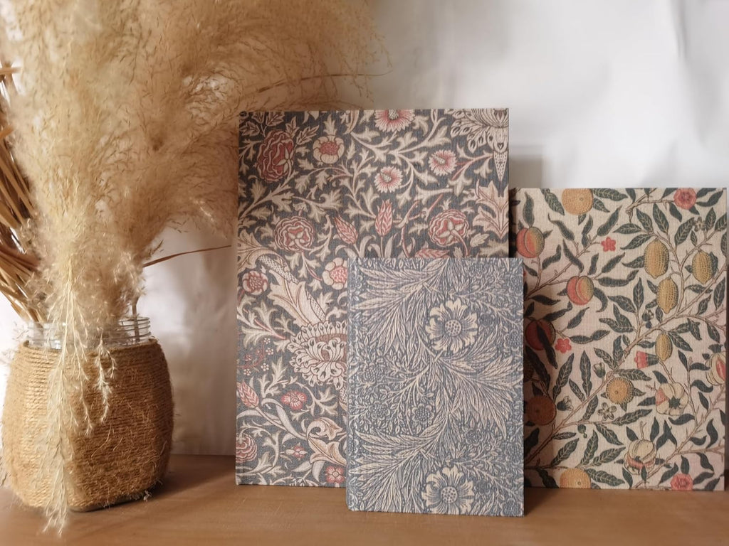 Wooden Book Box Set of 3 - Vintage Floral Designs with Linen Fabric Covers and Magnetic Closure, William Morris Style
