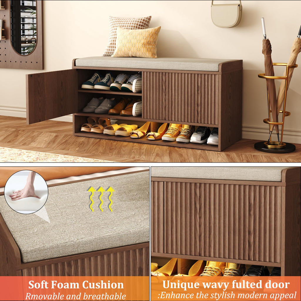 39.4" Fluted Shoe Storage Bench, Entryway Bench with Linen Seat Cushion, Shoe Cabinet Bench with Adjustable Shelf and