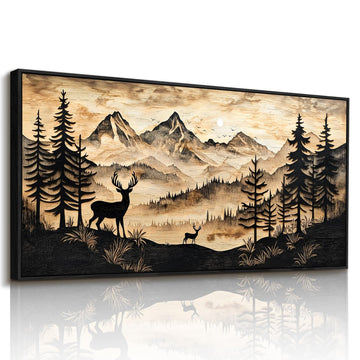 Framed Forest Wall Art, Deer Rustic Landscape Wall Decor 20"x40"