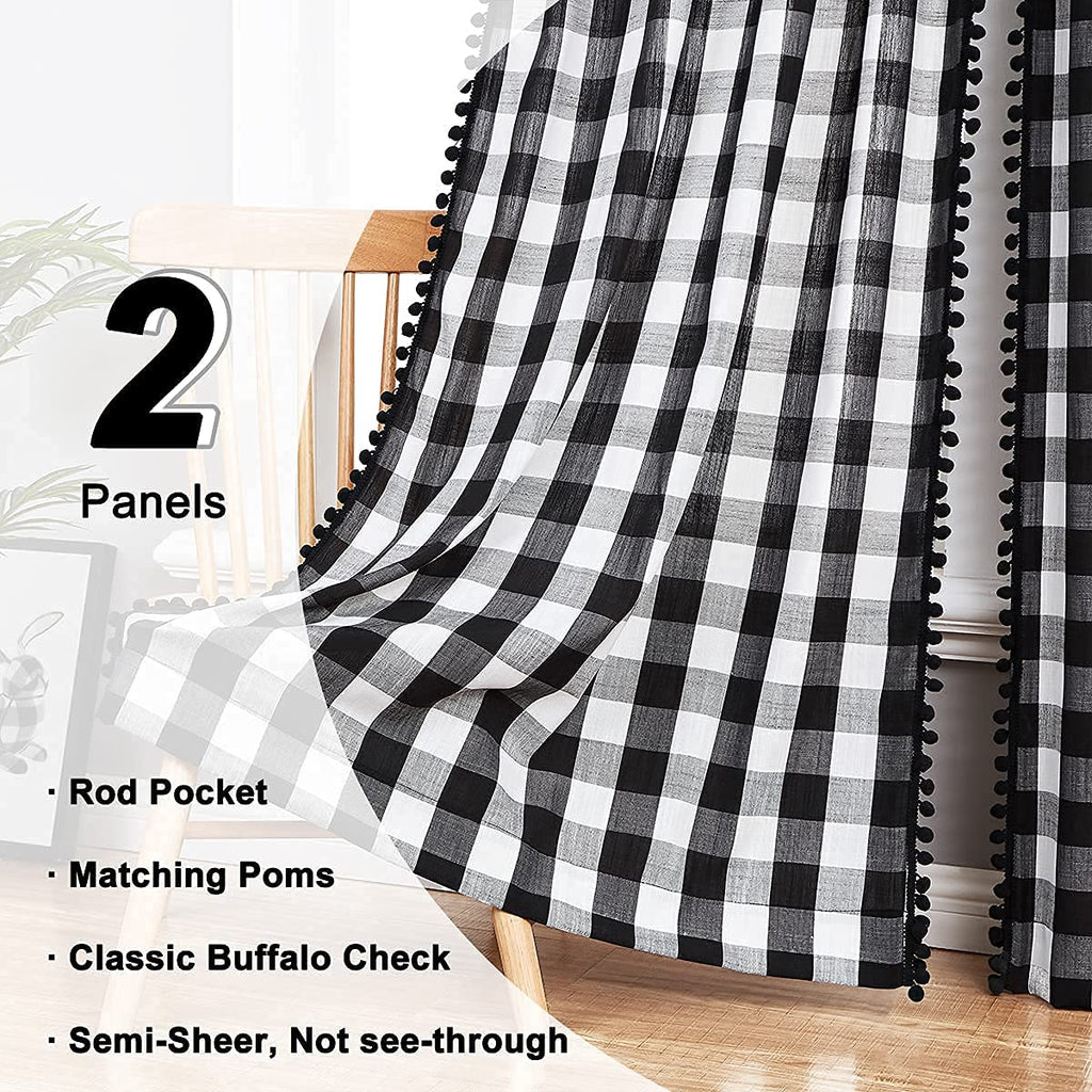 White Black Buffalo Check Curtains 84" Gingham Plaid Pom Pom 2