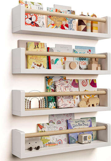 Nursery Book Shelves, 4 Pack, Wall Book Shelves for Kids Room, Baby, Toddler, Nursery Decor (White Wood, 16.5 Inches)
