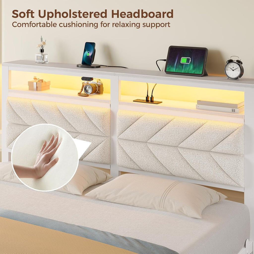 Bed Frame Full with Charging Station, LED Bed with Upholstered Storage Headboard