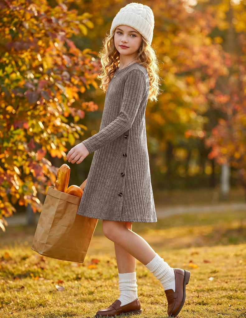 Girls Long Sleeve Dress Fall Winter A-Line Buttons Casual Dresses
