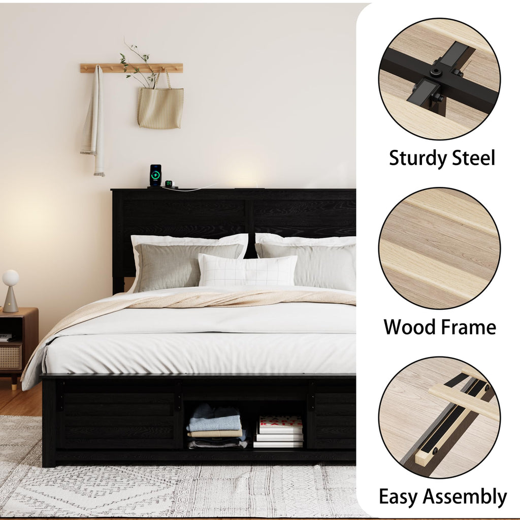 Wooden Bed Frame with Rustic Headboard Storage Bed Frame