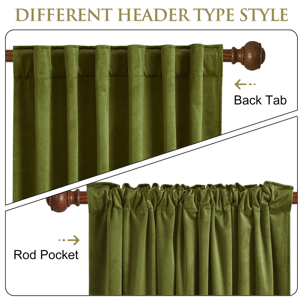 Olive Green Velvet Curtains for Farmhouse Decor, W52 x L120, 2 Pcs