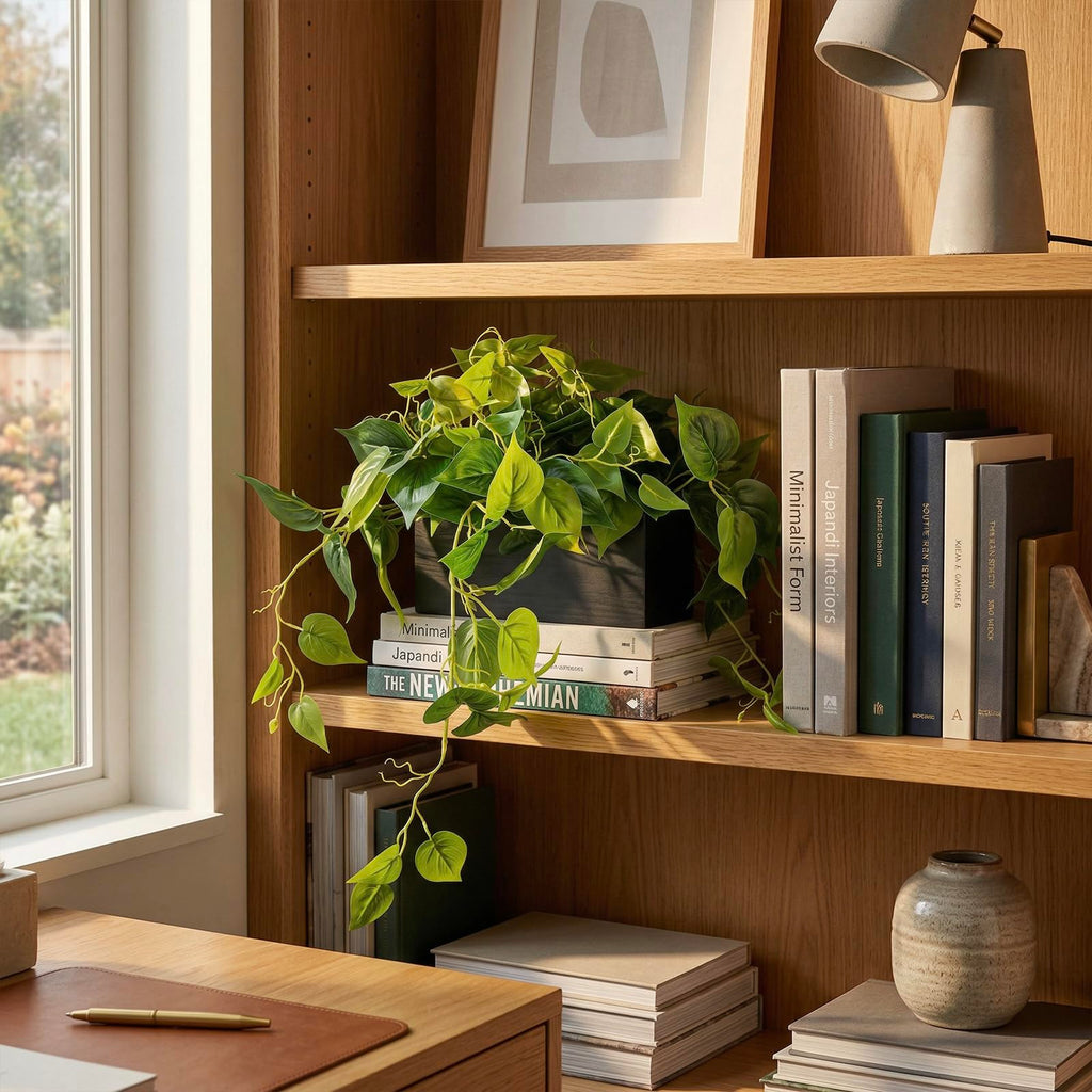 Vibrant Lifelike Artificial Plant Pothos Leafy Vine Greenery in Black Concrete Rectangular Planter Box