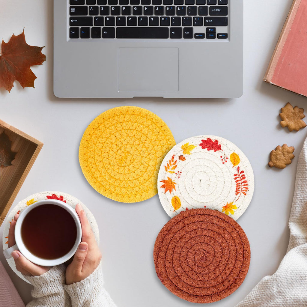Fall Thanksgiving Coasters Maple Leaves Handmade Braided Cotton Drink Coasters Orange Yellow Non-Slip Absorbent Cup