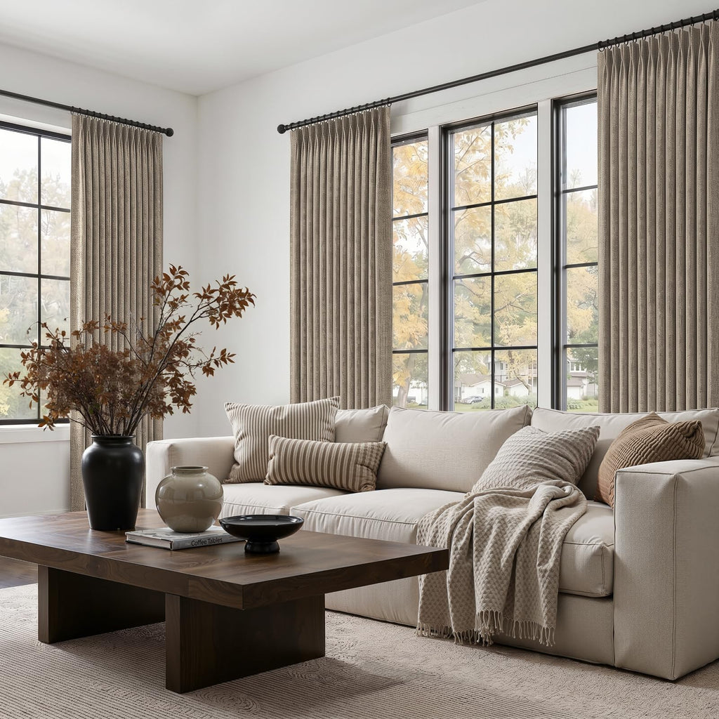 Extra Long 132 Inch Dark Flax Blackout Curtains for High End Living Room Floor Length Windows, Brown Heavy Large Pinch