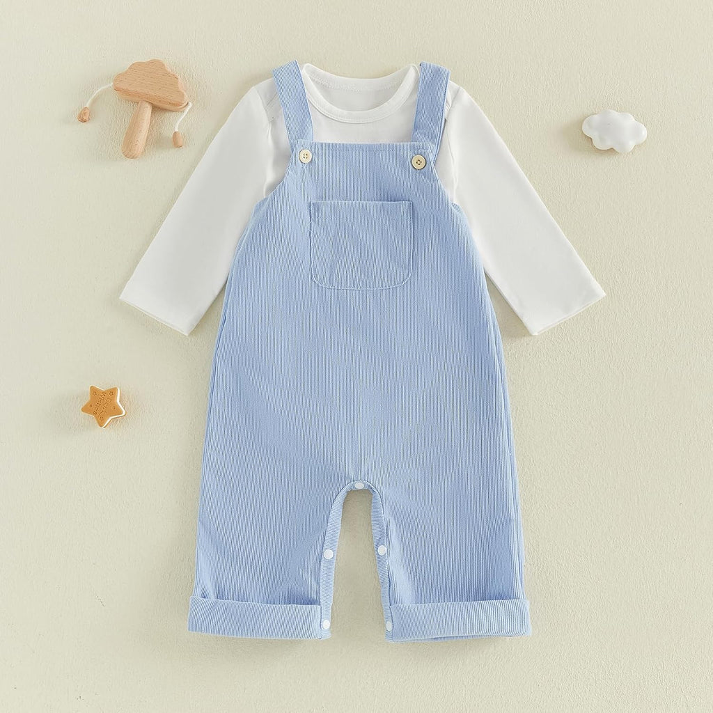 Newborn Baby Boy Clothes Infant Long Sleeve Romper Waffle Suspender Overalls Pants Hat Set Fall Winter Outfits