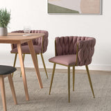 Woven Velvet Dining Chairs Set of 6, Upholstered Accent Chairs with Gold Metal Legs, Modern Dining Room Chairs, Pink