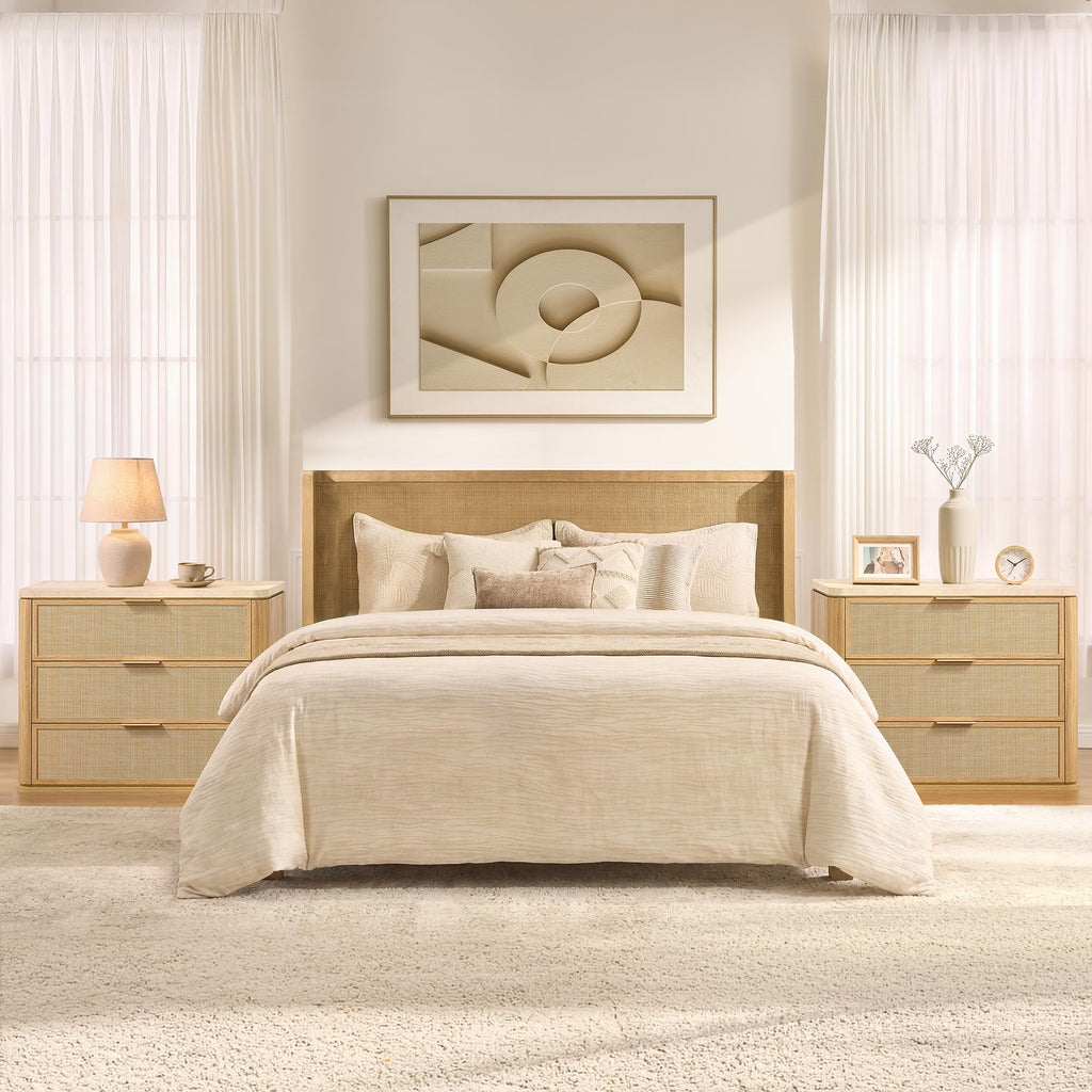Night Stand, Rattan Nightstand with 3 Drawers