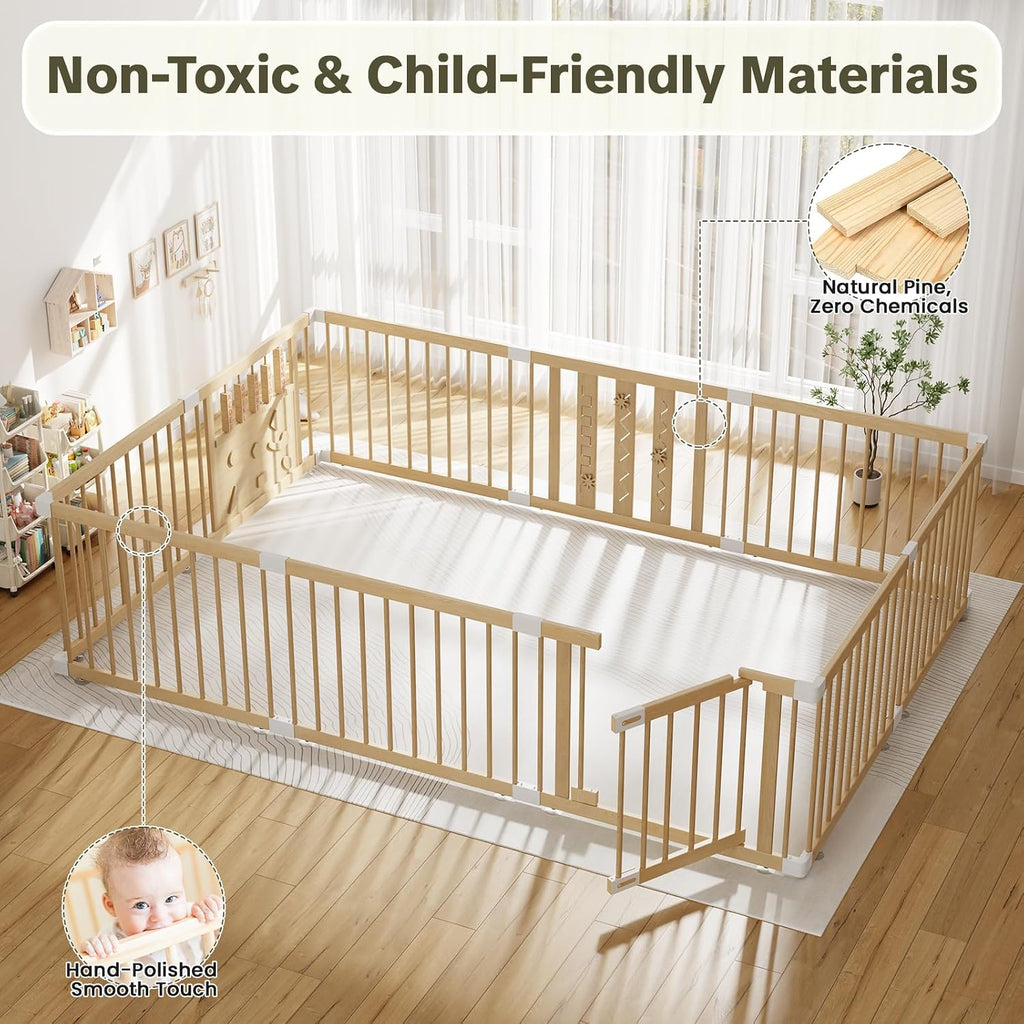 Wooden Baby Playpen with Safety Gate, 96"×64" Large Play Yard for Babies | Natural Pine Wood Playpen with Built-in