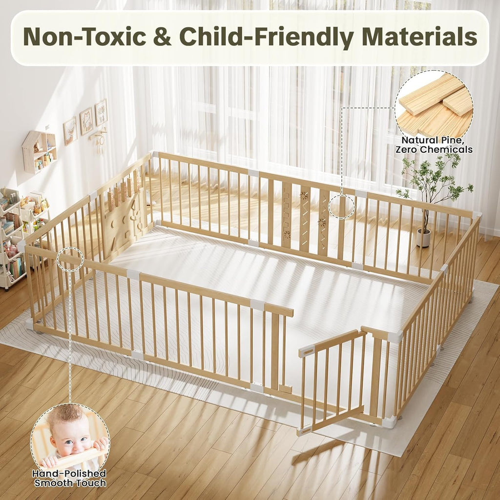 Wooden Baby Playpen with Child Safety Lock, 94x64 Inch Large Playpen for Babies and Toddlers Indoor Foldable Play Pen