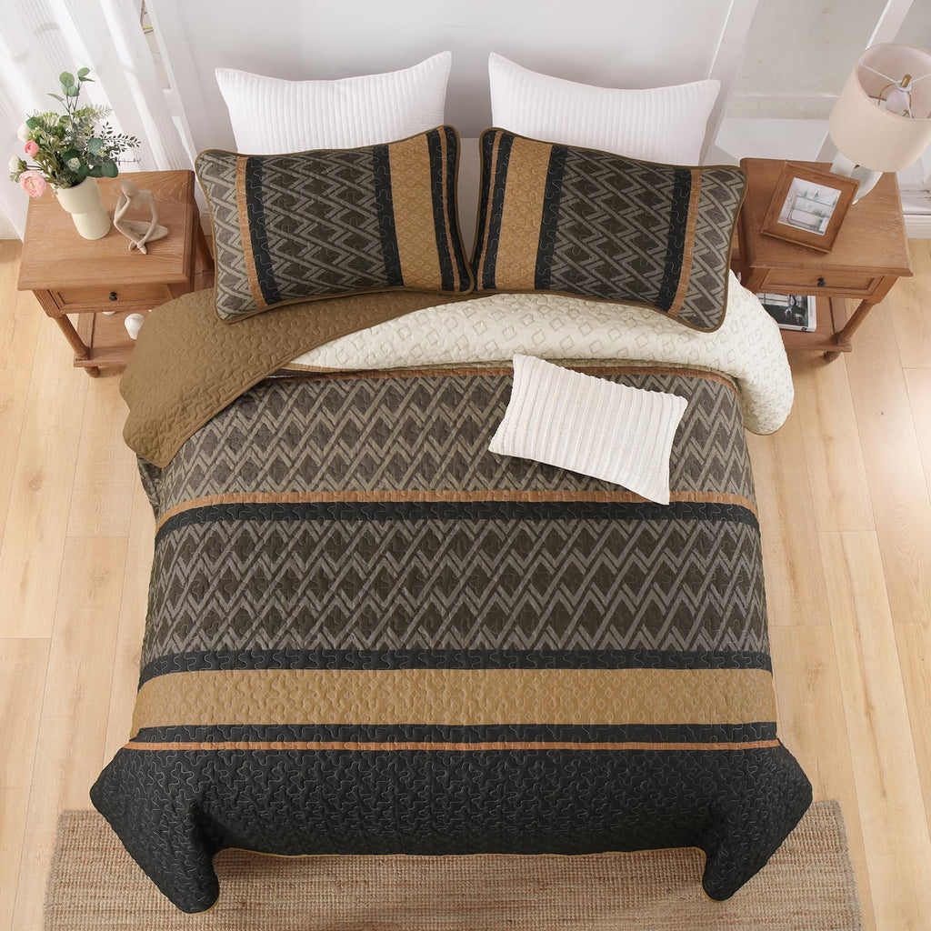 Quilt, Striped Fall Bedding Set, Boho Bedspread, Brown