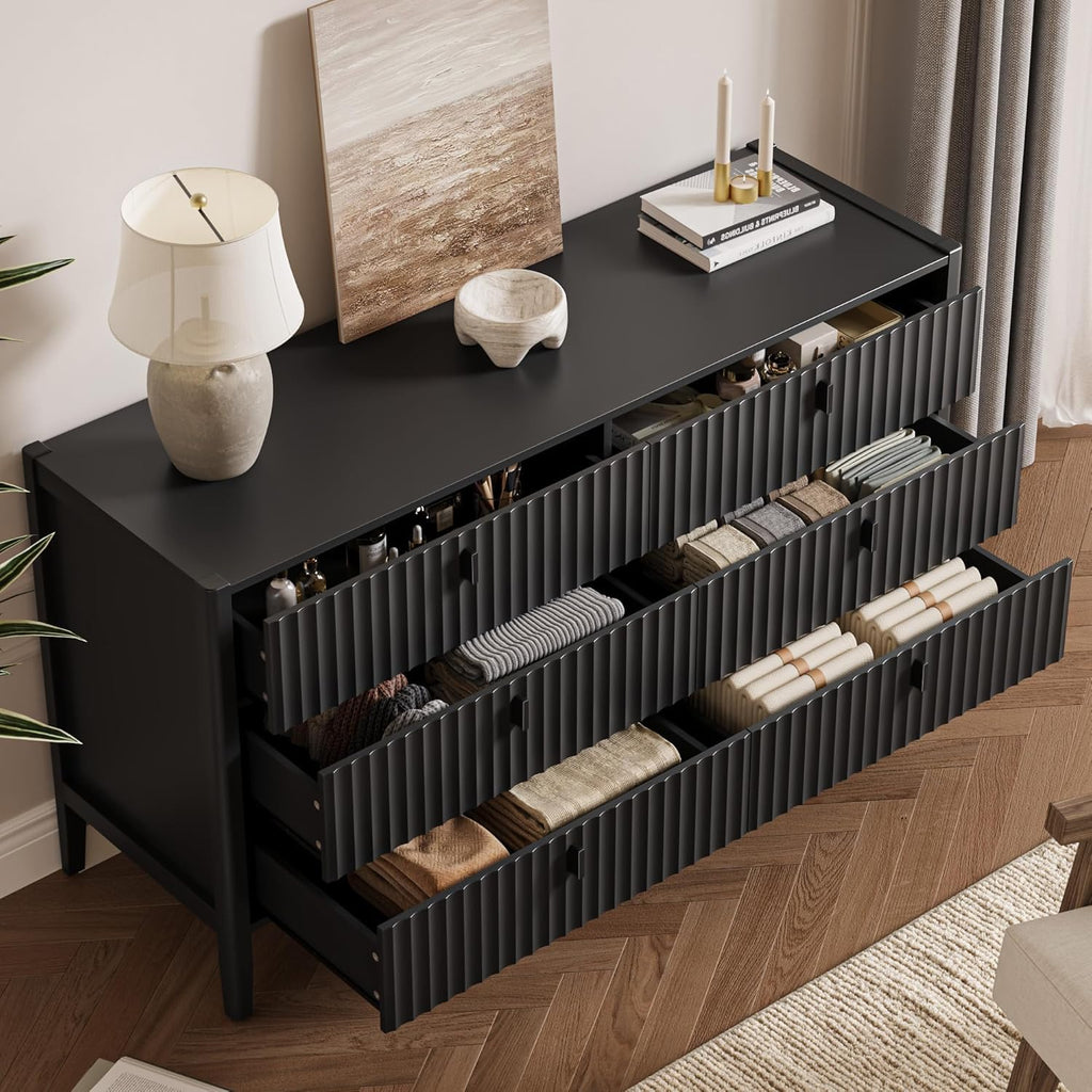 Black 6 Drawer Dresser, Modern Wood Dresser, Fluted Design Double Chest of Drawers with Wood Legs, TV Stand Storage