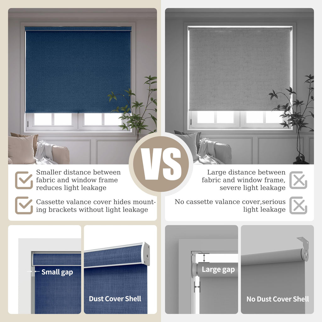 Linen Roller Shades, Cordless Roller Blinds, Blue, Custom Size