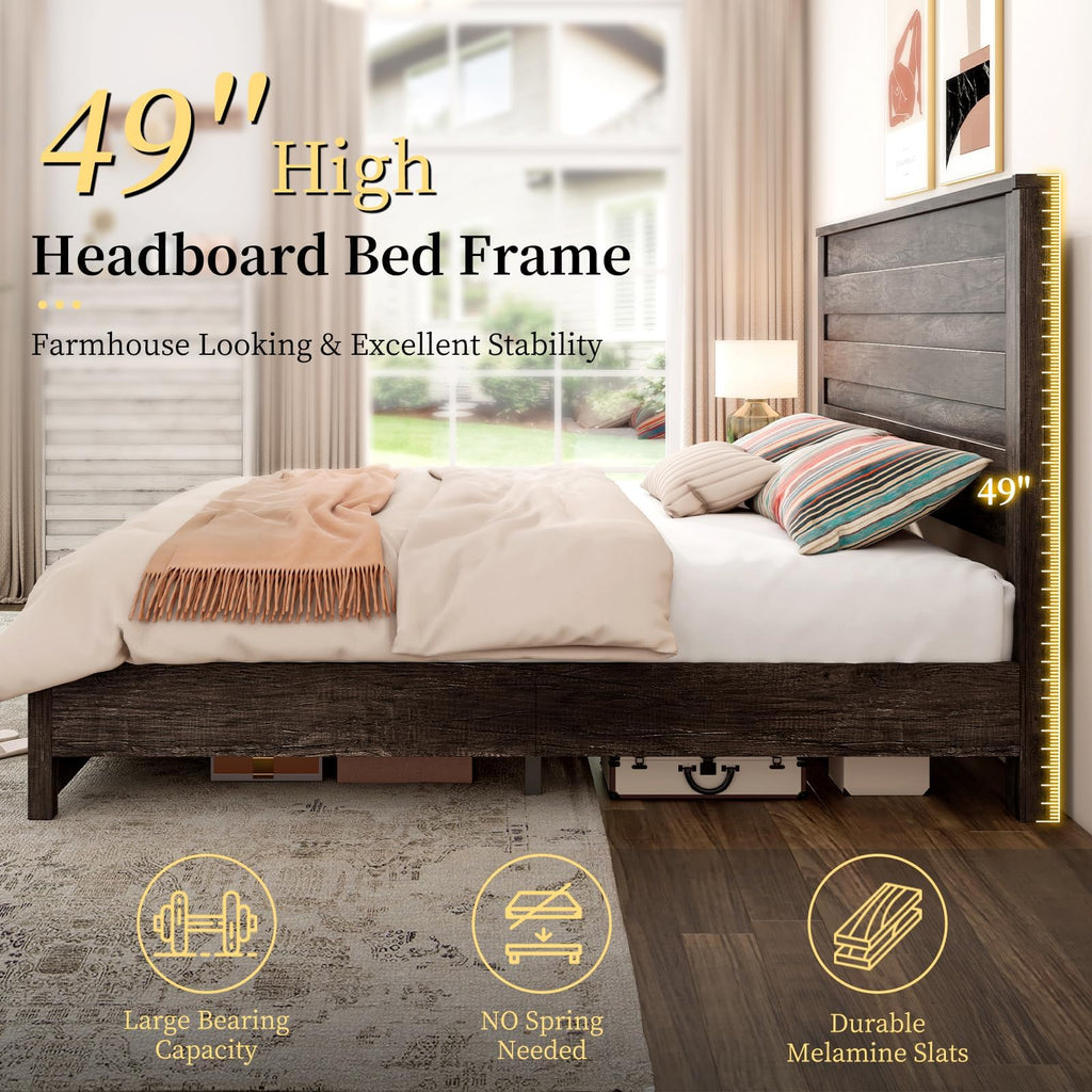 Farmhouse Bed Frame with 49" Tall Headboard