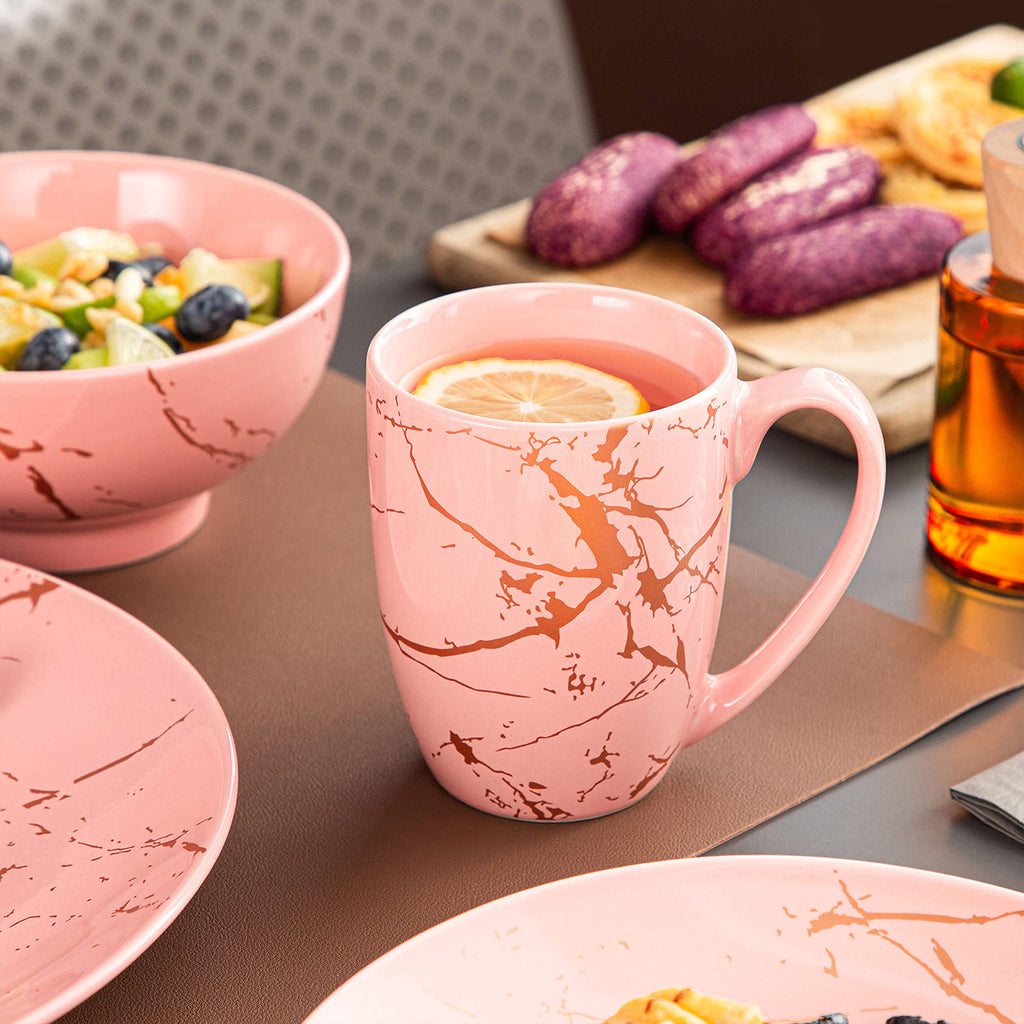 Pink Dinnerware Set for 4, 16 Piece Porcelain Dish With Plates, Bowls and Mugs, Gold Splash Glaze Round Modern