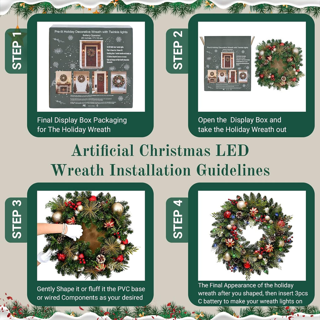 Lighted Christmas Wreath 28'' Artificial with 30 LED Multi-Color