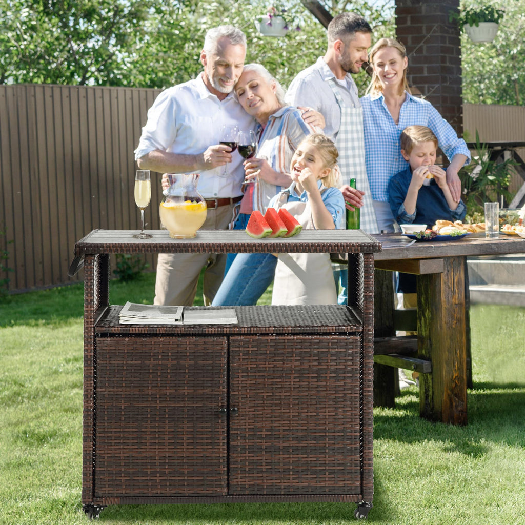 Outdoor Bar Cart with Storage Cabinet, Brown