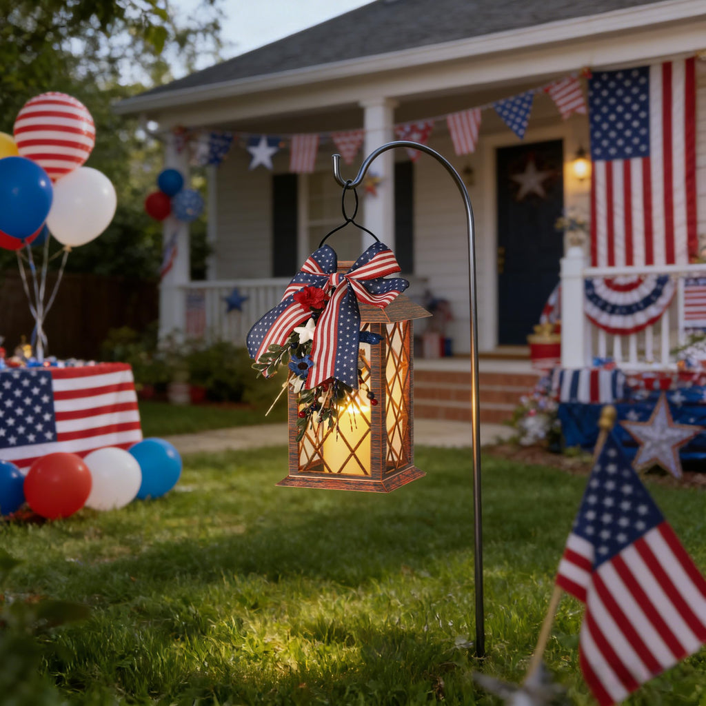 4th of July Solar Lanterns Outdoor Waterproof, Patriotic Hanging Lantern with Flickering LED Candle, 13" Independence
