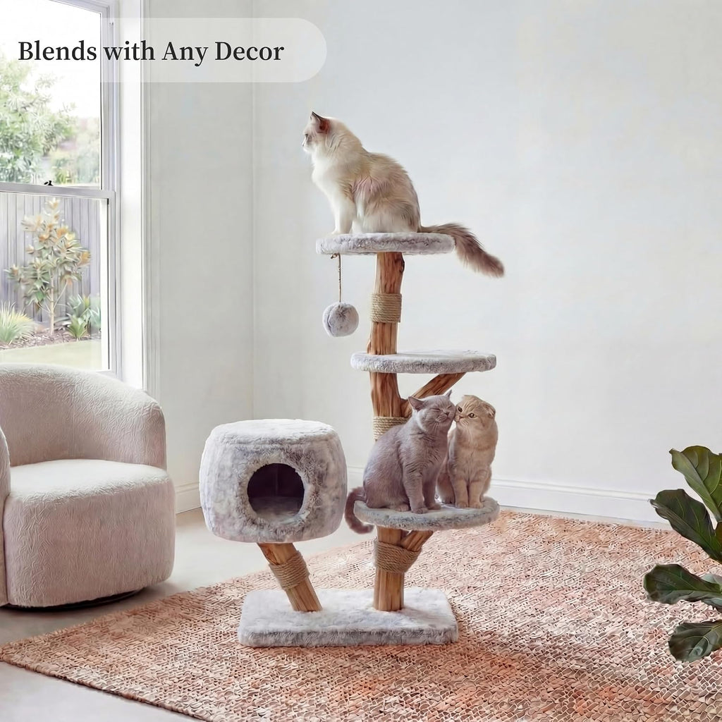 Modern Cat Tree Tower with Cave, Real Wood Cat Scratching Post with Bed for Indoor Cats Large Adult, Solid Wooden
