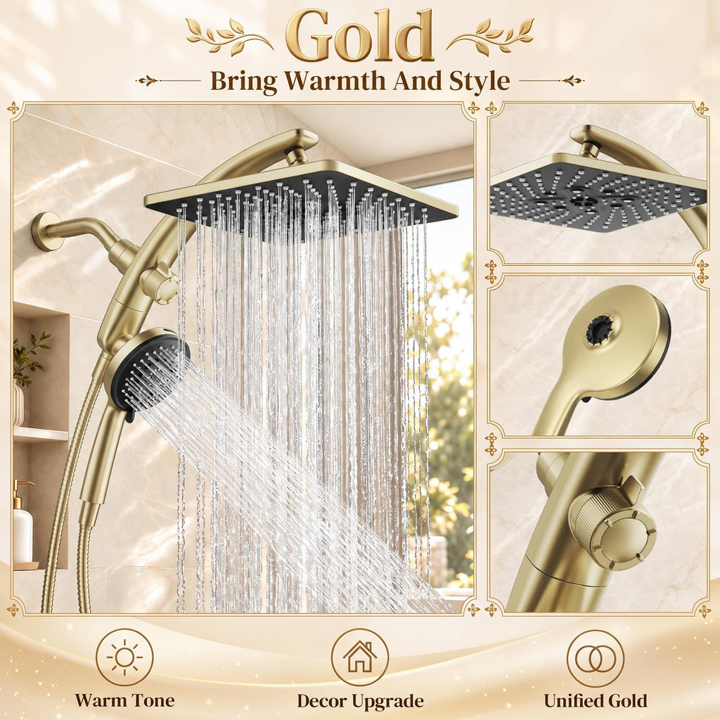 10" Gold Rain Shower Head with Handheld, 8 Functions Rainfall, Magnetic