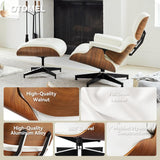 Mid-Century Modern Lounge Chair & Ottoman — White Bonded Grain Leather, Walnut Base, Premium Tall Back