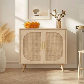 Coffee Bar, 2-Door Rattan Storage Cabinet, Sideboard Buffet Cabinet with Adjustable Shelf, Small Cabinet, Natural