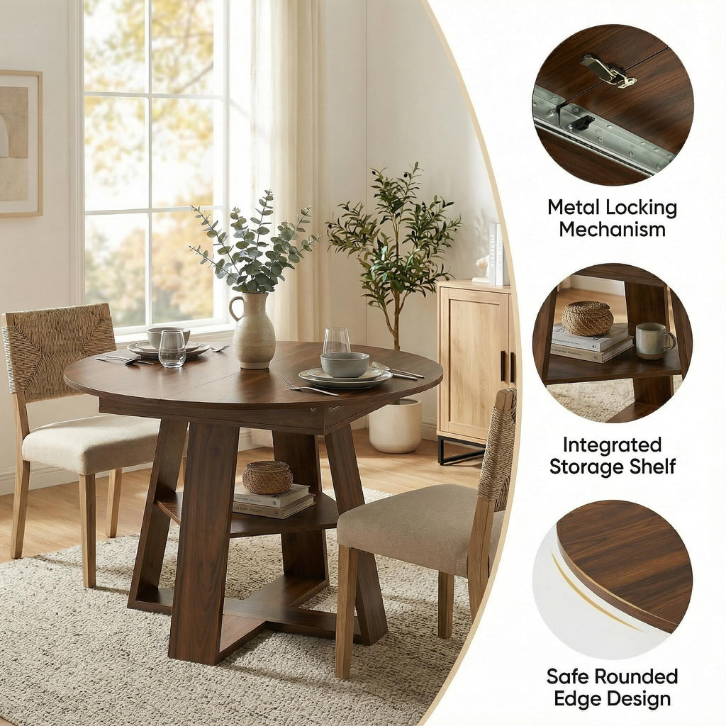 Extendable Round Dining Table for 4-6, 43.3"-59" Round to Oval Kitchen Table with Storage Shelf, Mid-Century Modern &
