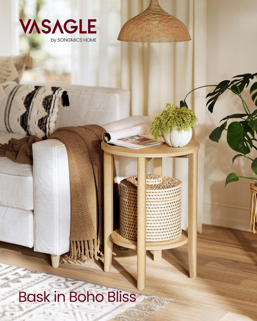 Round Side End Table, 2-Tier Boho Bedside Table with Rattan-Look