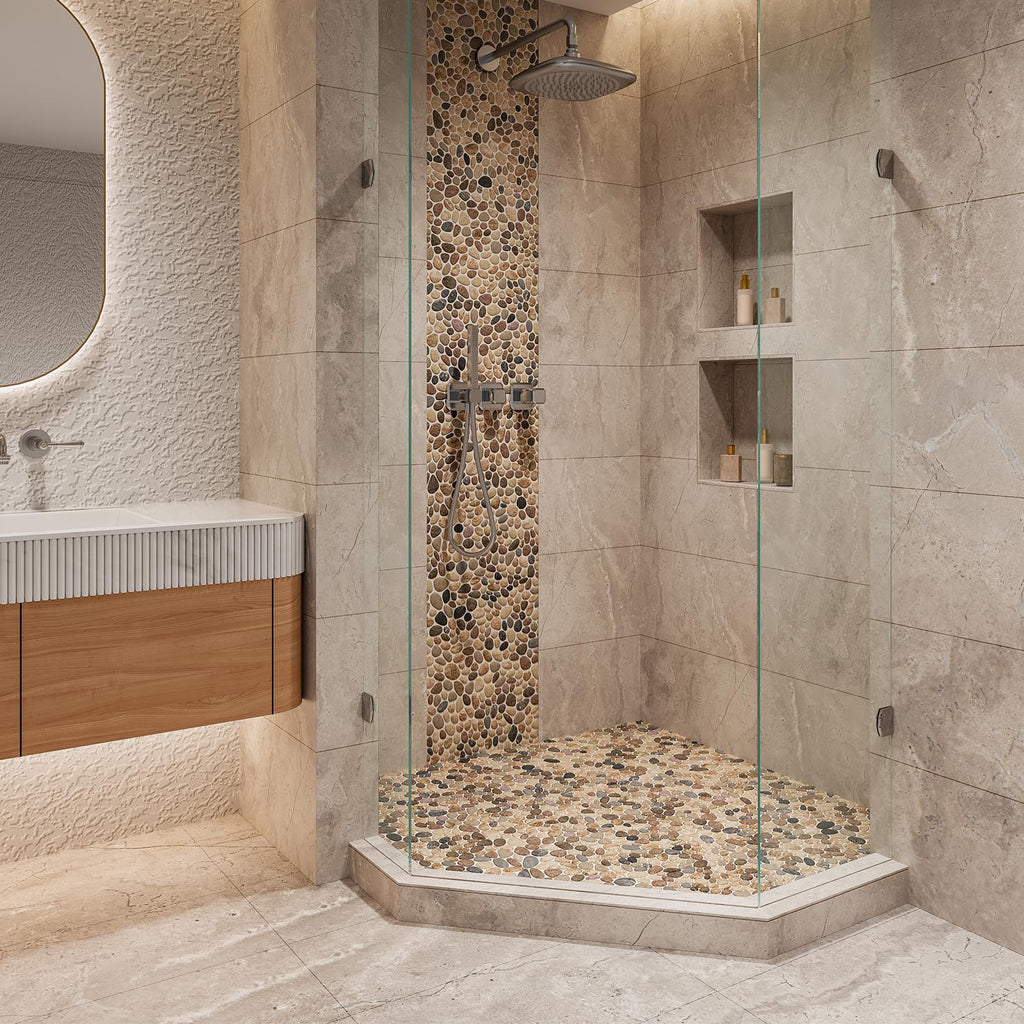 Pebble Tiles for Shower and Bathroom Floor, Tumbled Mix River Rock Pebble Stone Mosaic Tile with Matte Surface, 5