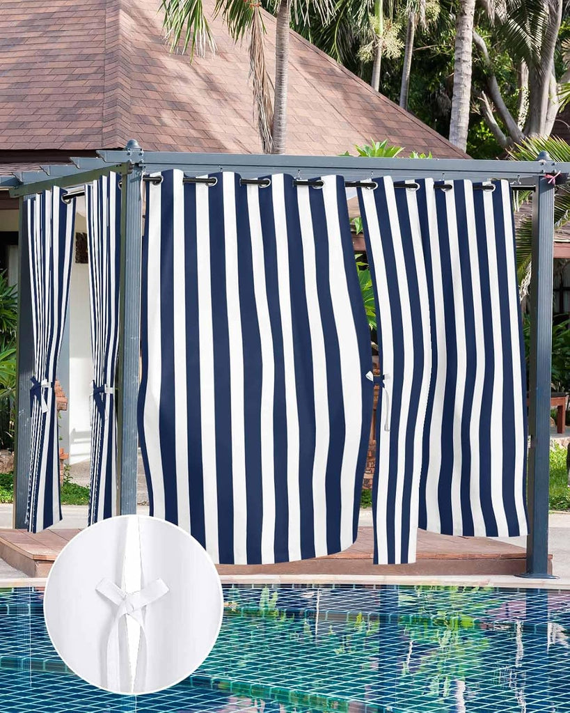 Navy Blue Stripe Outdoor Curtain 108 Inches Long Weighted Bottom Privacy,Deck Porch Gazebo Pergola Balcony Drape