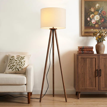 60.6 Inch Walnut Wood Tripod Floor Lamp with Linen Drum Shade, Beige