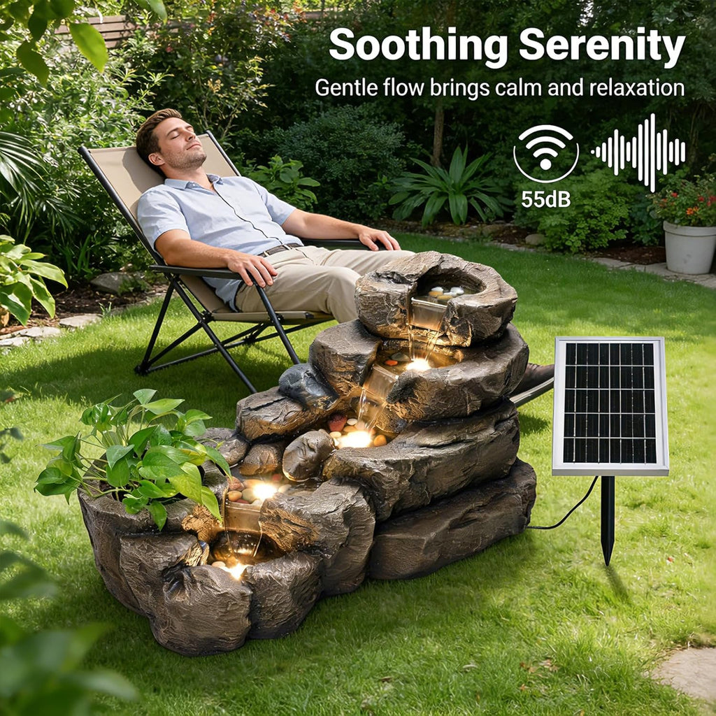 38.2" L Solar Water Fountain Outdoor Garden 5 Tiers Floor Standing Rock Natural Waterfall Outdoor Fountains with LED